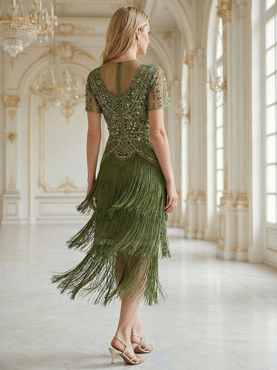 ever SOIREE|Beaded Sequin Ruffle Sleeve Fringe Flapper Dress