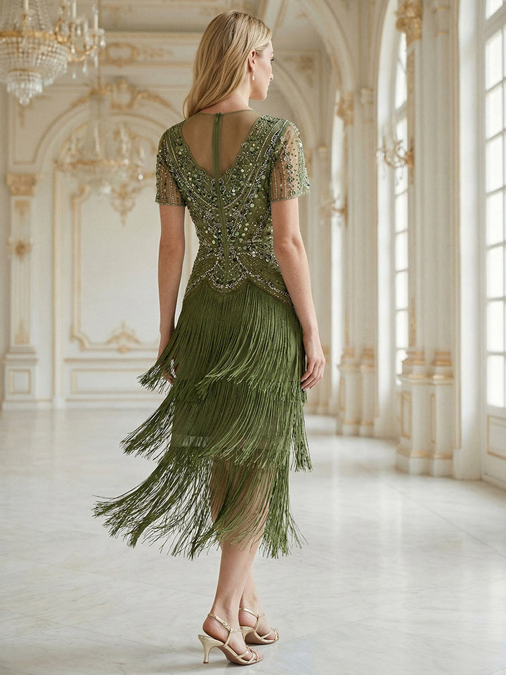 ever SOIREE|Beaded Sequin Ruffle Sleeve Fringe Flapper Dress