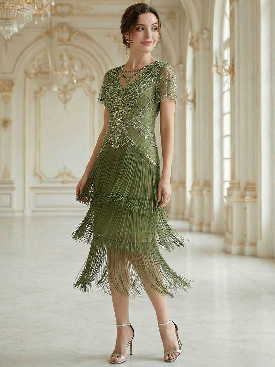 ever SOIREE|Beaded Sequin Ruffle Sleeve Fringe Flapper Dress