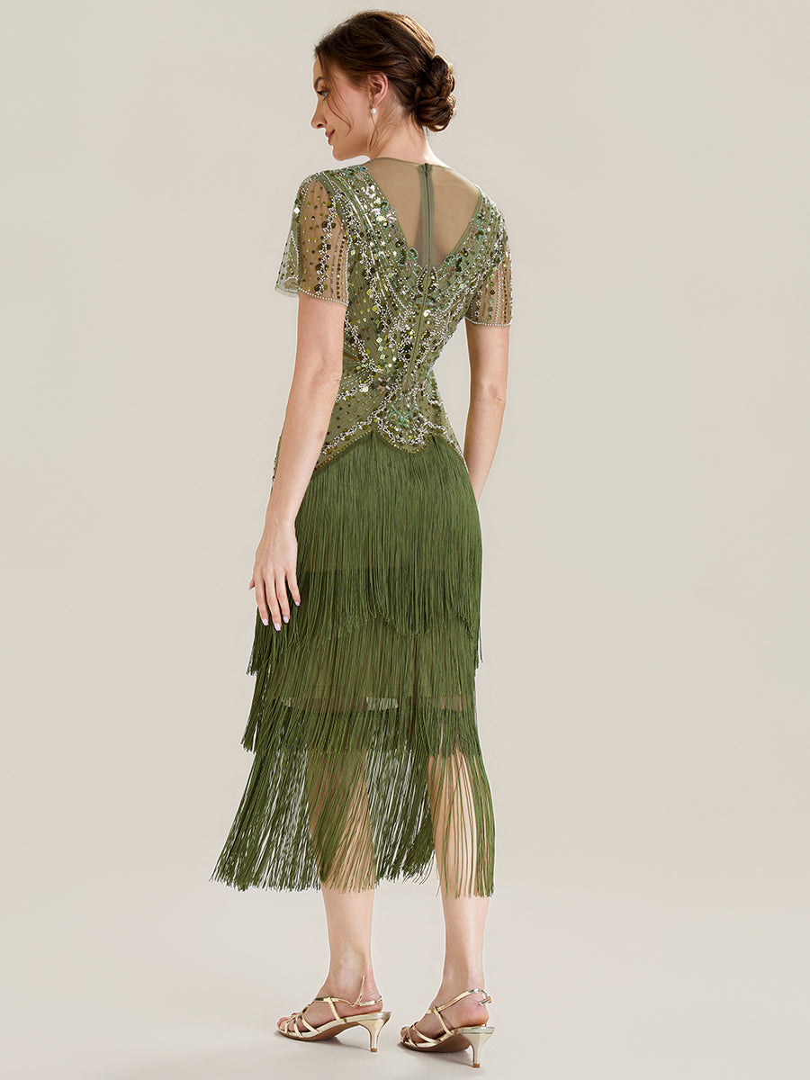ever SOIREE|Beaded Sequin Ruffle Sleeve Fringe Flapper Dress