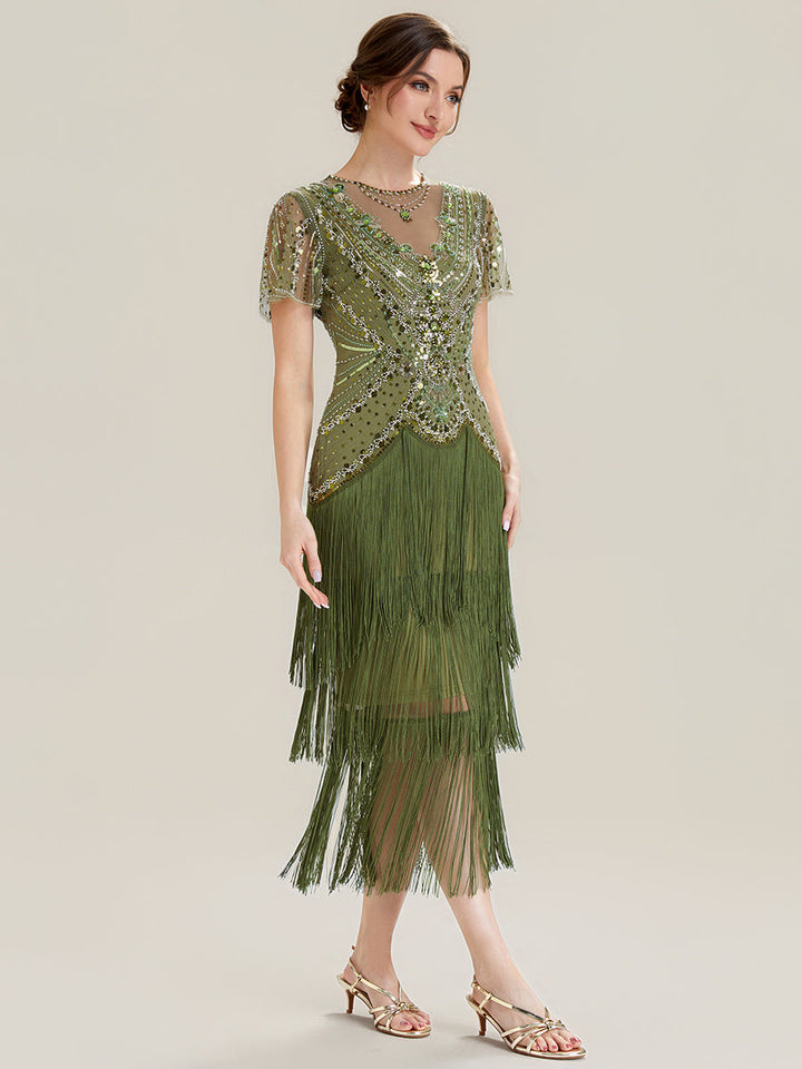 ever SOIREE|Beaded Sequin Ruffle Sleeve Fringe Flapper Dress