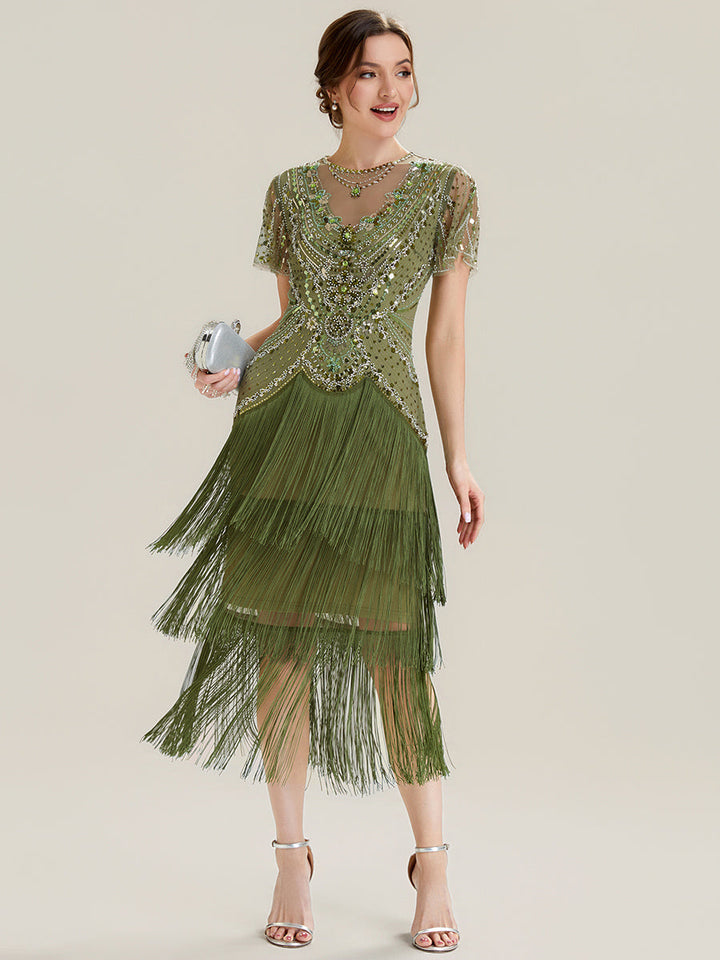 ever SOIREE|Beaded Sequin Ruffle Sleeve Fringe Flapper Dress
