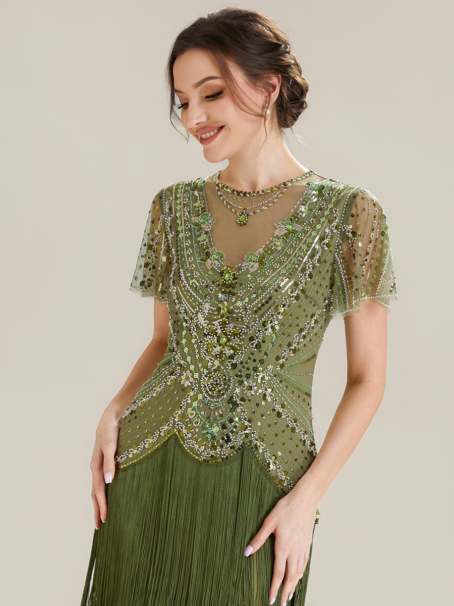 ever SOIREE|Beaded Sequin Ruffle Sleeve Fringe Flapper Dress