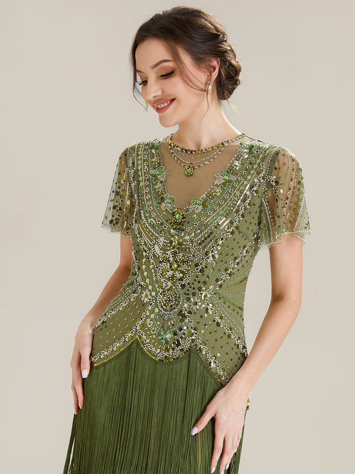 ever SOIREE|Beaded Sequin Ruffle Sleeve Fringe Flapper Dress