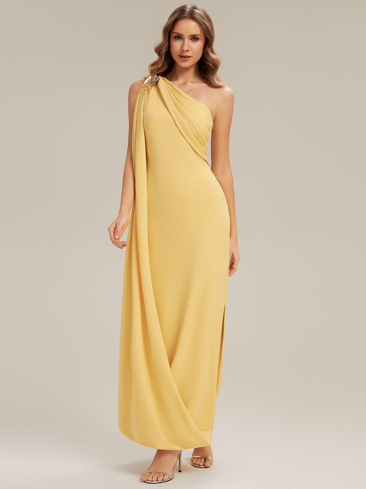ever KIELO|One-Shoulder Ruched Floor Length Formal Dress With Side Slit