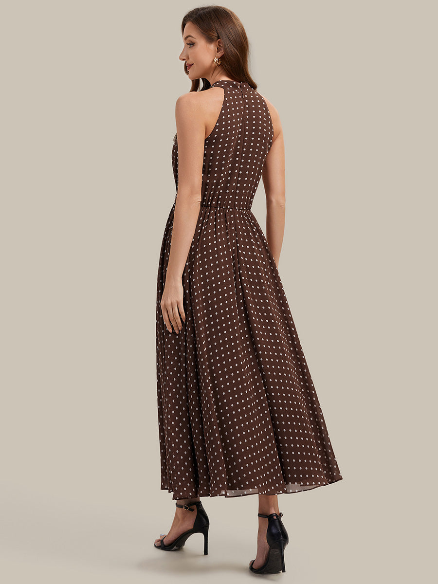 Polka Dots Pleated Chiffon Sleeveless Wedding Guest Dress