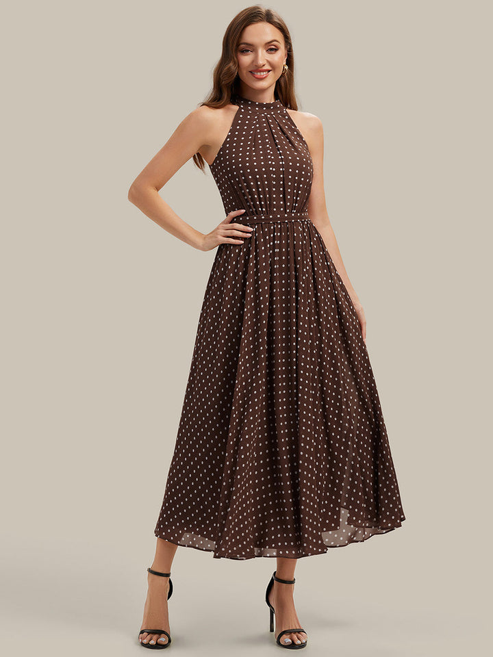 Polka Dots Pleated Chiffon Sleeveless Wedding Guest Dress