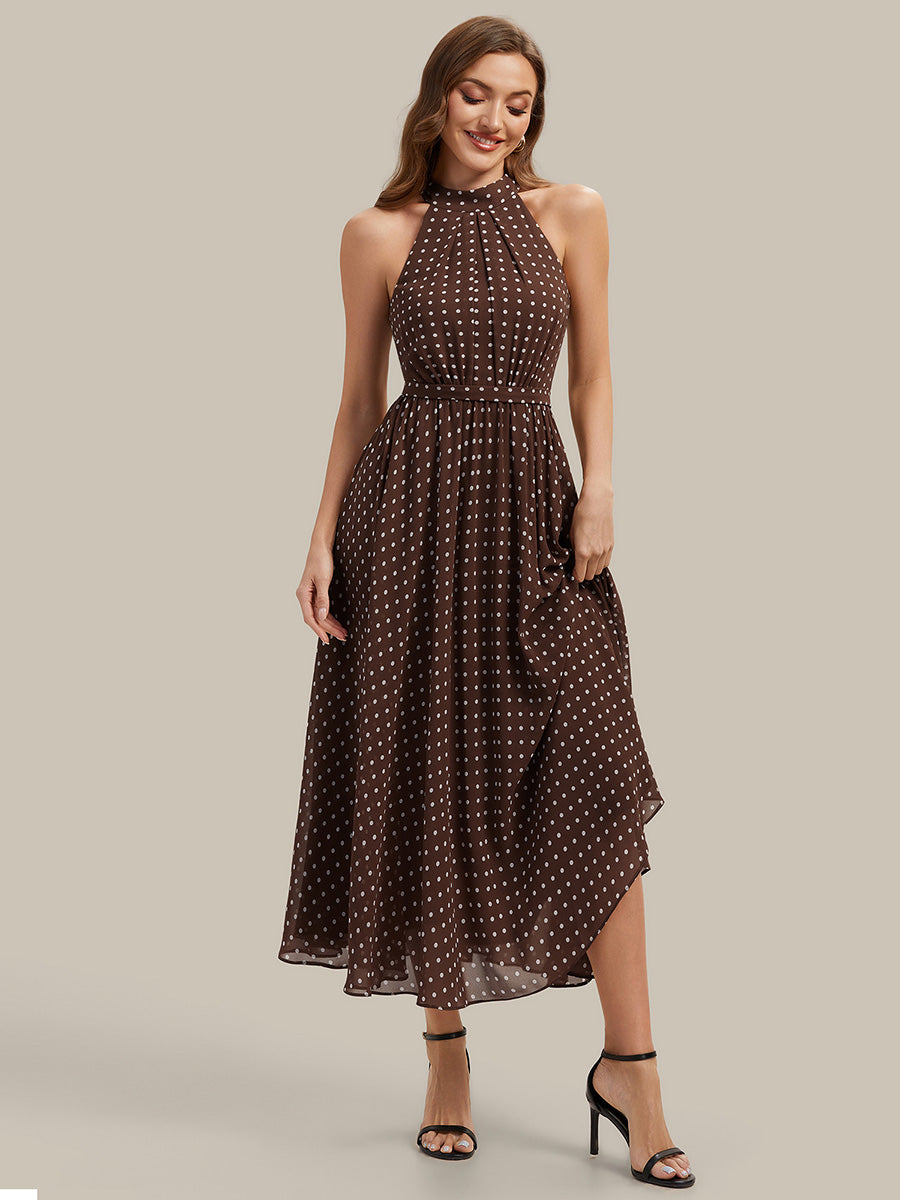 Polka Dots Pleated Chiffon Sleeveless Wedding Guest Dress