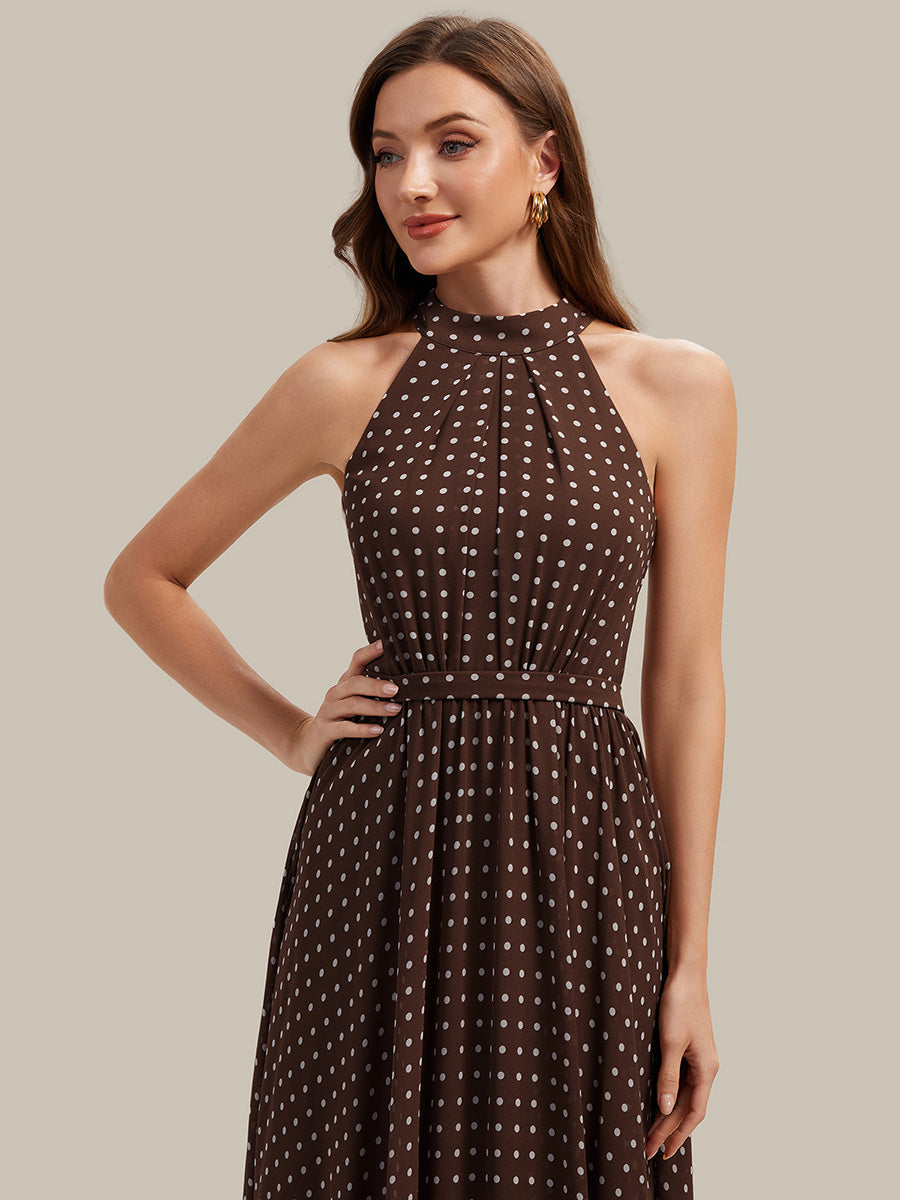 Polka Dots Pleated Chiffon Sleeveless Wedding Guest Dress