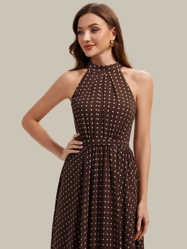Polka Dots Pleated Chiffon Sleeveless Wedding Guest Dress