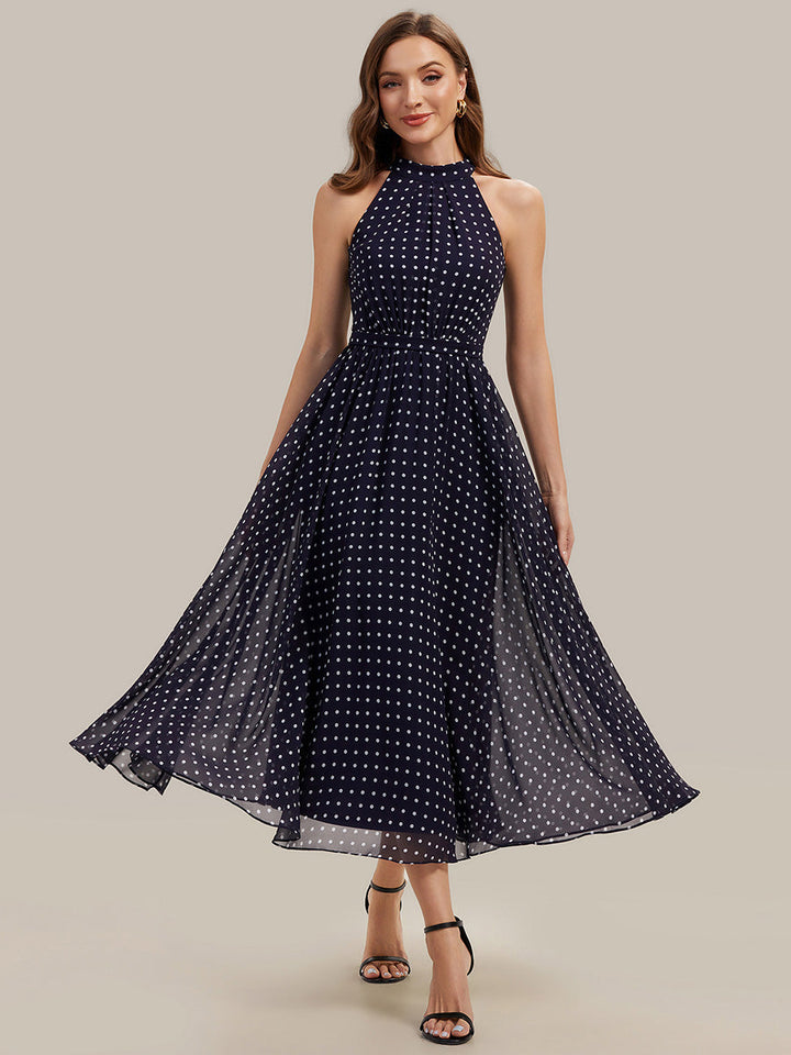 Polka Dots Pleated Chiffon Sleeveless Wedding Guest Dress