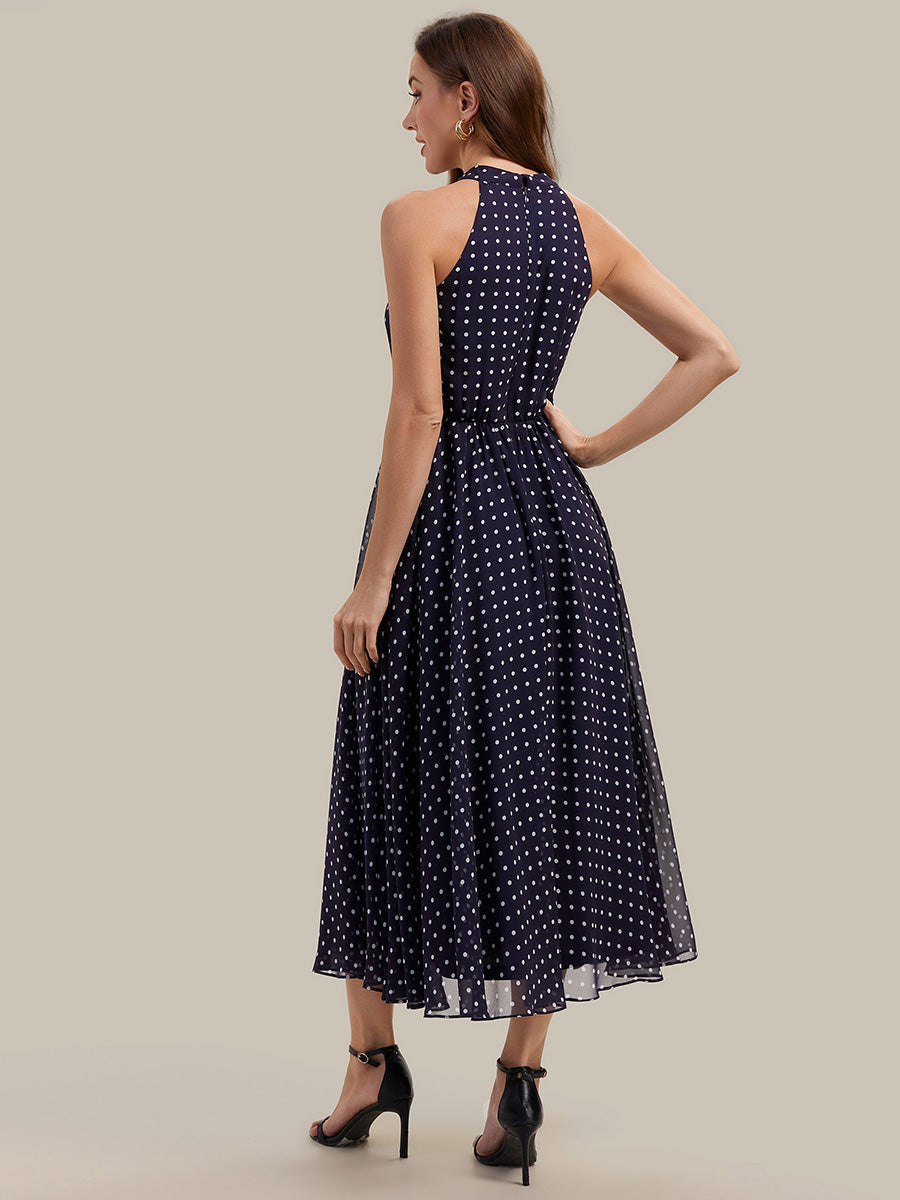 Polka Dots Pleated Chiffon Sleeveless Wedding Guest Dress