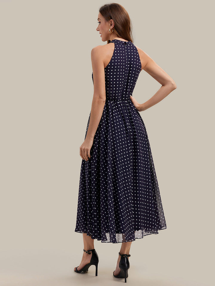Polka Dots Pleated Chiffon Sleeveless Wedding Guest Dress