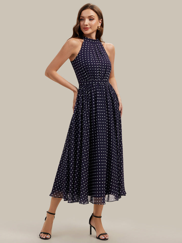Polka Dots Pleated Chiffon Sleeveless Wedding Guest Dress