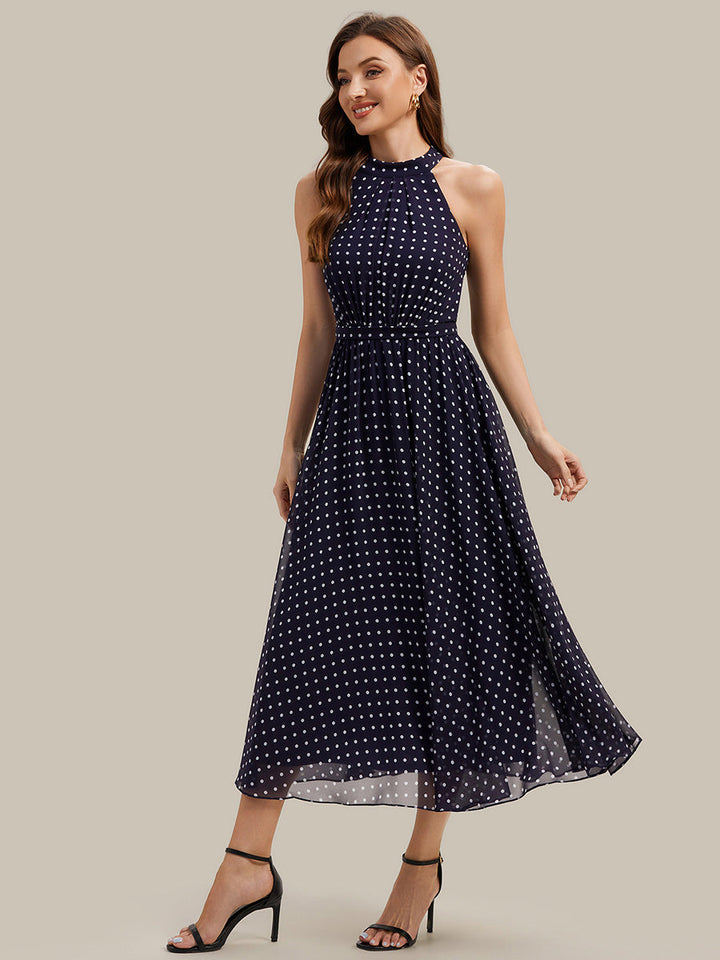 Polka Dots Pleated Chiffon Sleeveless Wedding Guest Dress