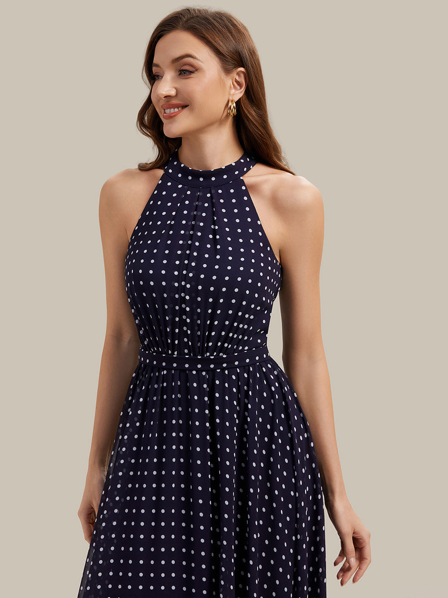 Polka Dots Pleated Chiffon Sleeveless Wedding Guest Dress
