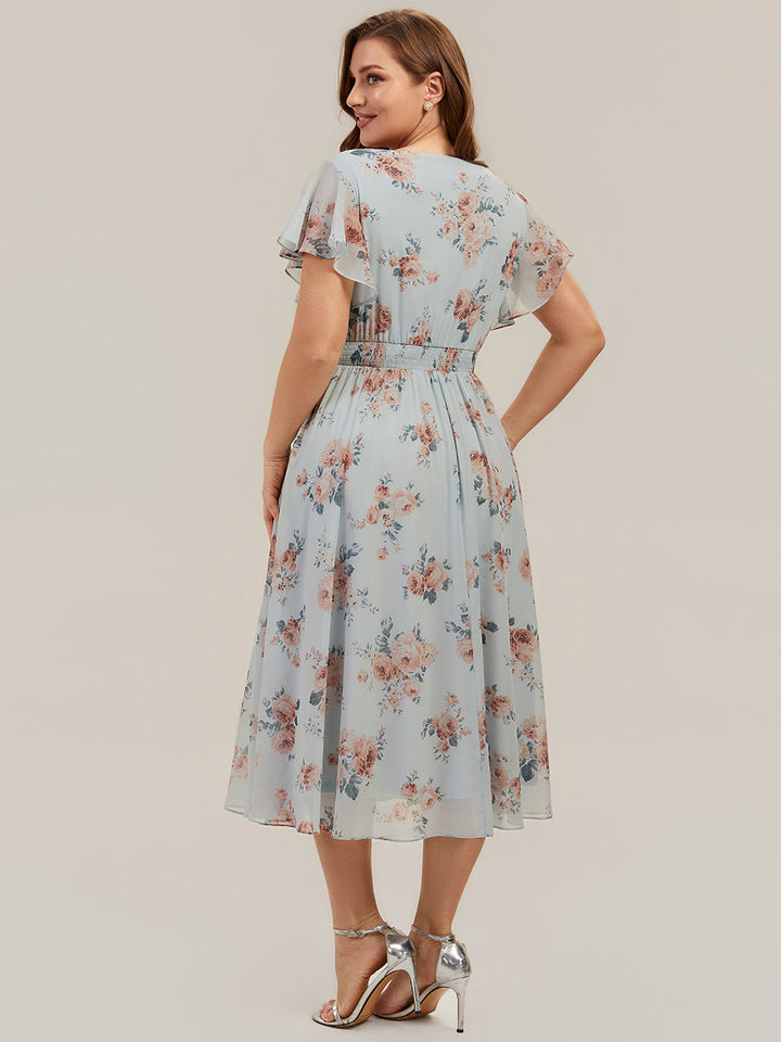 Chiffon Ruffle Sleeve A-Line Wedding Guest Dress