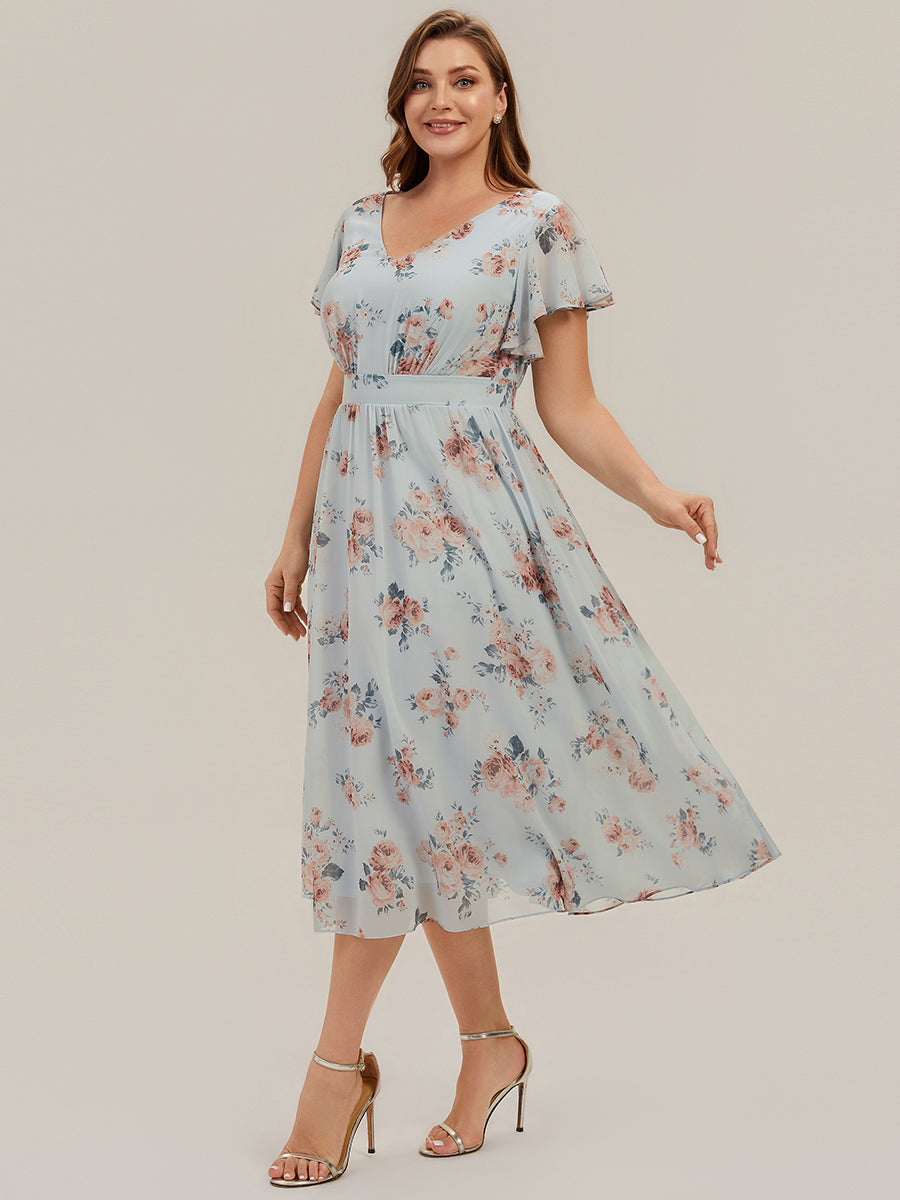 Plus Size Chiffon Ruffle Sleeve Wedding Guest Dress