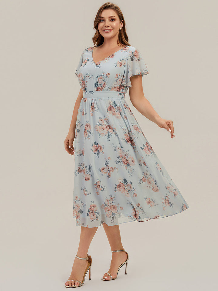 Plus Size Chiffon Ruffle Sleeve Wedding Guest Dress
