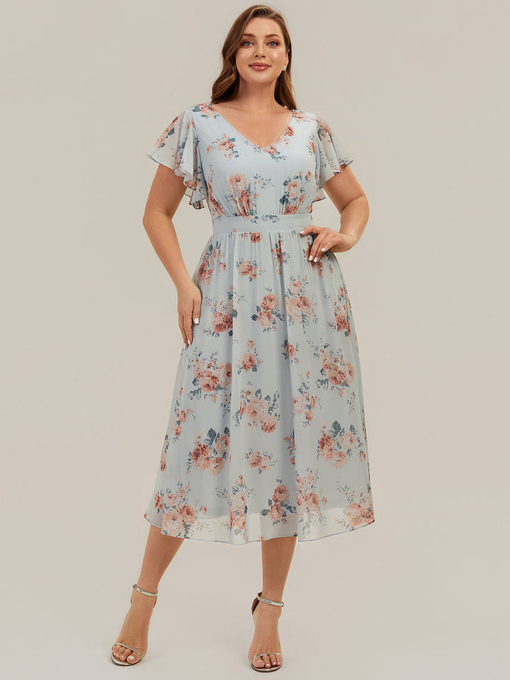 Plus Size Chiffon Ruffle Sleeve Wedding Guest Dress