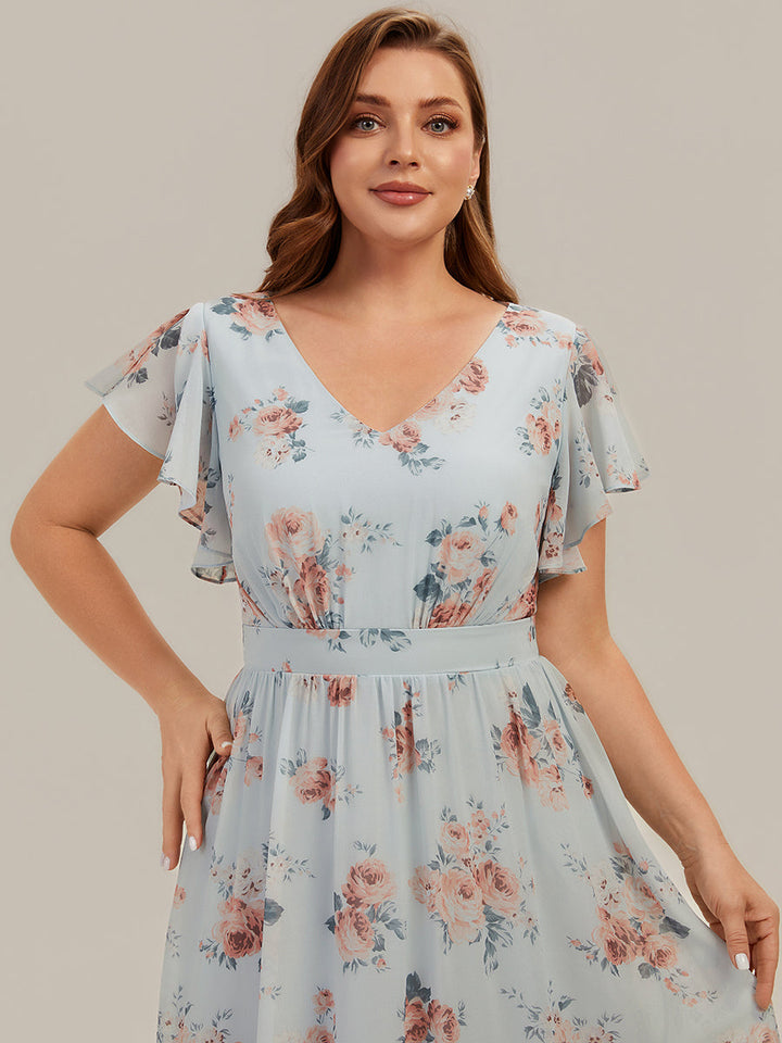 Plus Size Chiffon Ruffle Sleeve Wedding Guest Dress