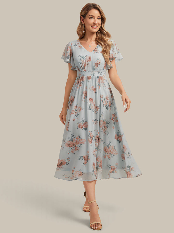 Chiffon Ruffle Sleeve A-Line Wedding Guest Dress