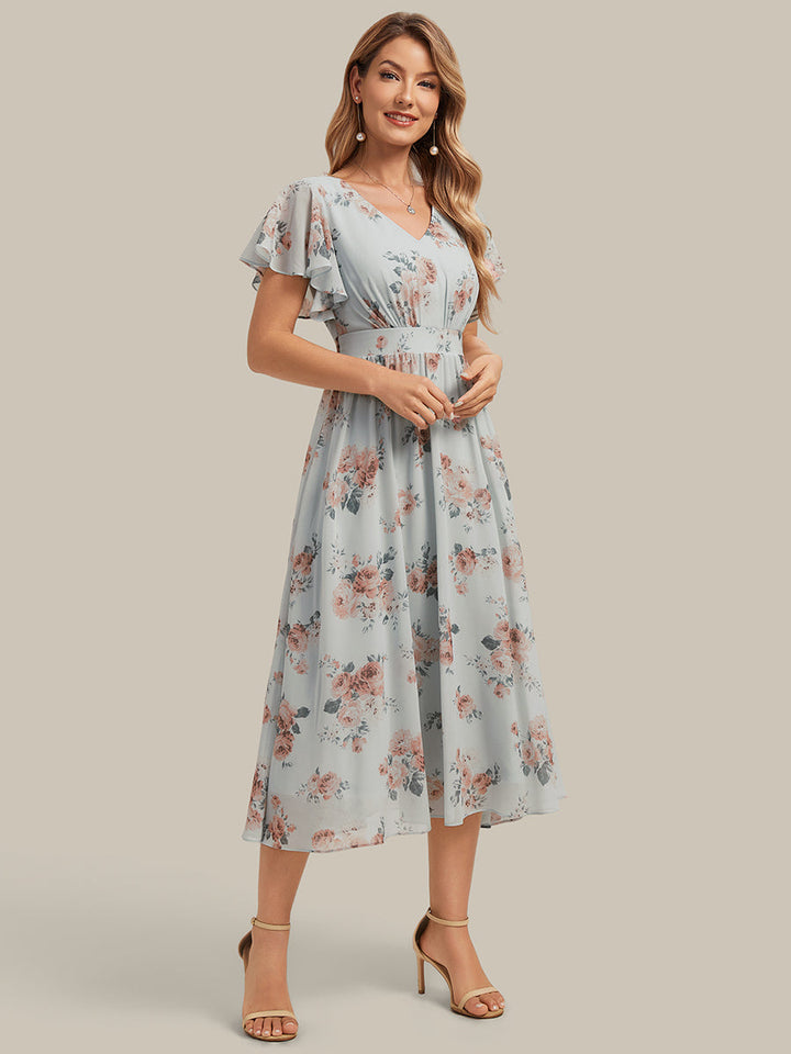 Chiffon Ruffle Sleeve A-Line Wedding Guest Dress