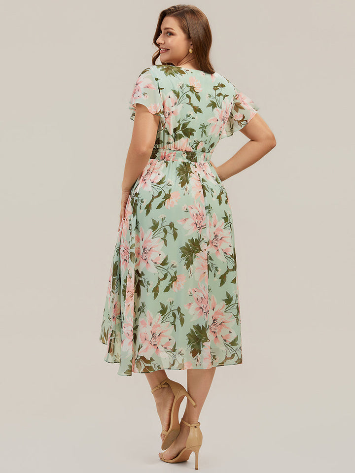 Plus Size Chiffon Ruffle Sleeve Wedding Guest Dress
