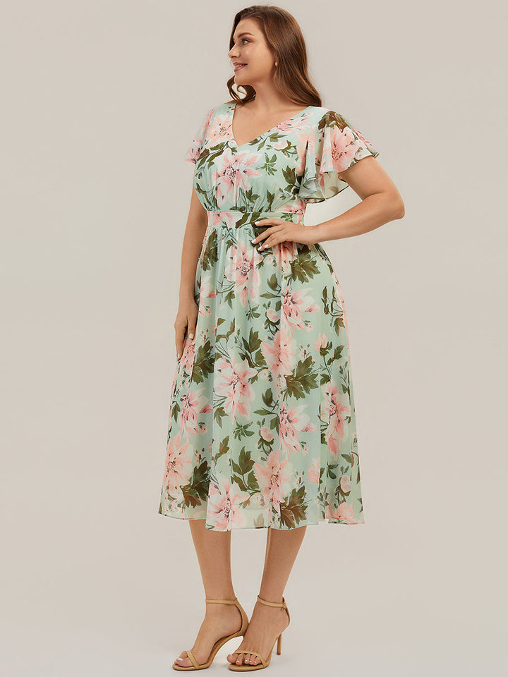 Plus Size Chiffon Ruffle Sleeve Wedding Guest Dress