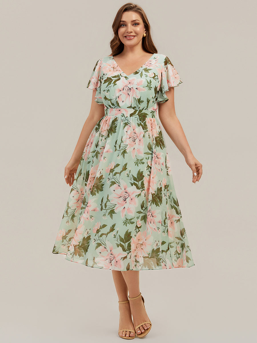 Plus Size Chiffon Ruffle Sleeve Wedding Guest Dress
