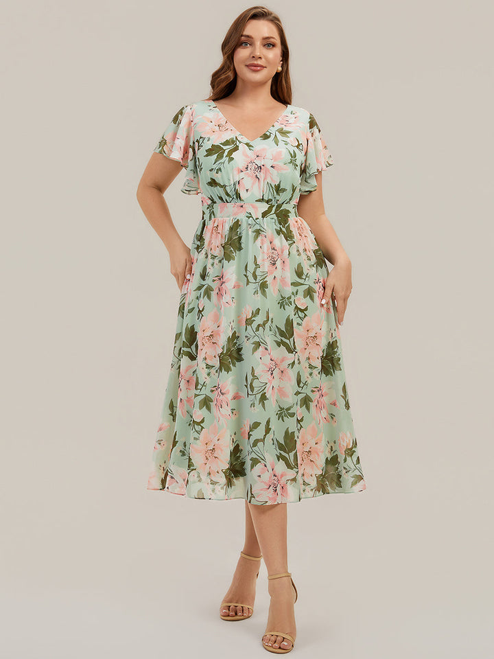 Plus Size Chiffon Ruffle Sleeve Wedding Guest Dress