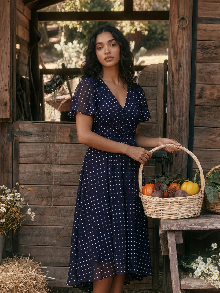 Printed Chiffon Ruffle Sleeve Wedding Guest Dress