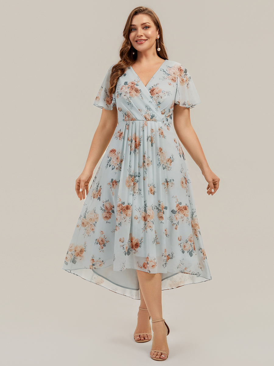 Printed Chiffon Ruffle Sleeve Wedding Guest Dress