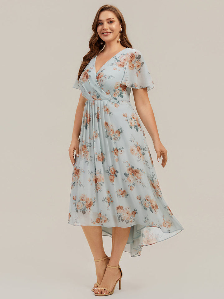 Printed Chiffon Ruffle Sleeve Wedding Guest Dress