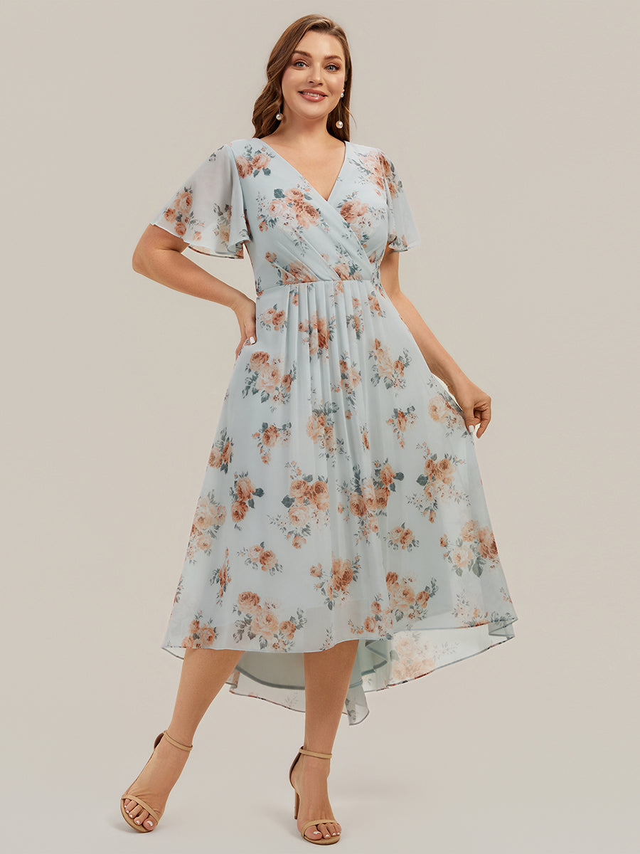 Printed Chiffon Ruffle Sleeve Wedding Guest Dress