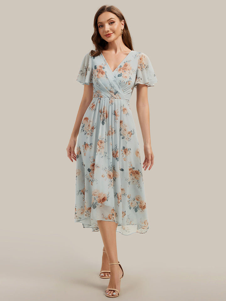 Printed Chiffon Ruffle Sleeve Wedding Guest Dress