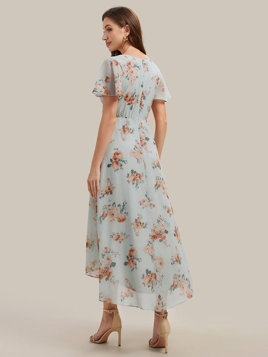 Printed Chiffon Ruffle Sleeve Wedding Guest Dress