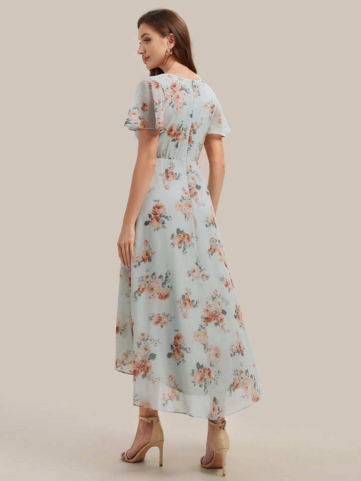 Printed Chiffon Ruffle Sleeve Wedding Guest Dress