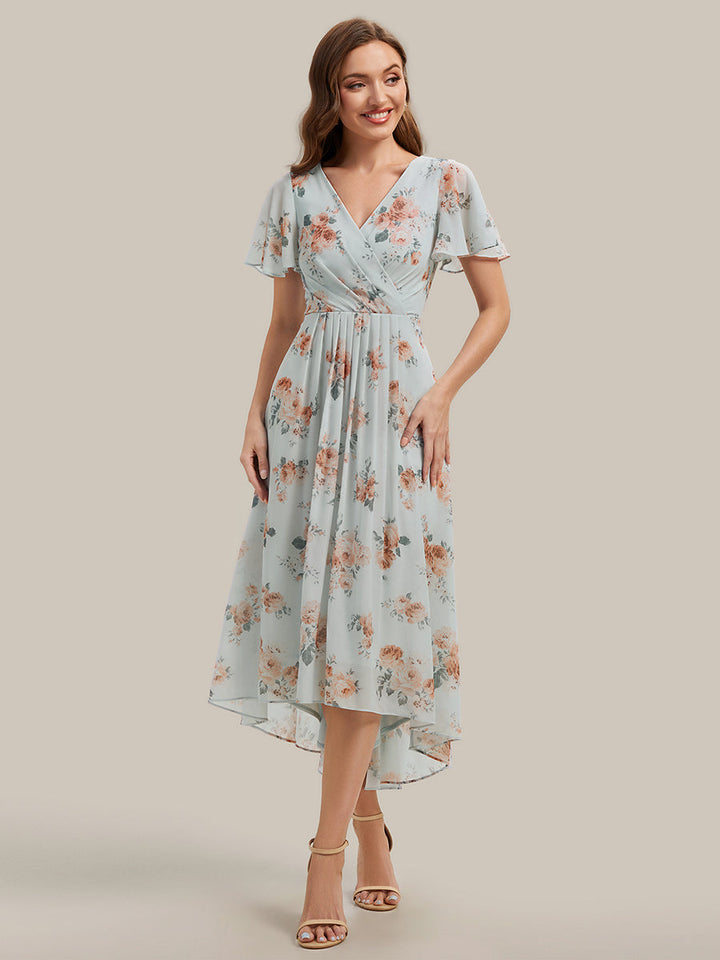 Printed Chiffon Ruffle Sleeve Wedding Guest Dress