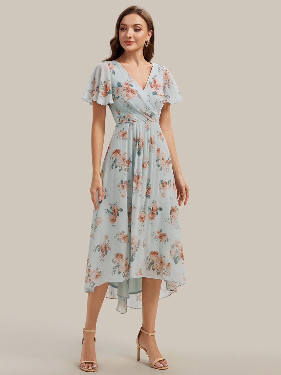 Printed Chiffon Ruffle Sleeve Wedding Guest Dress