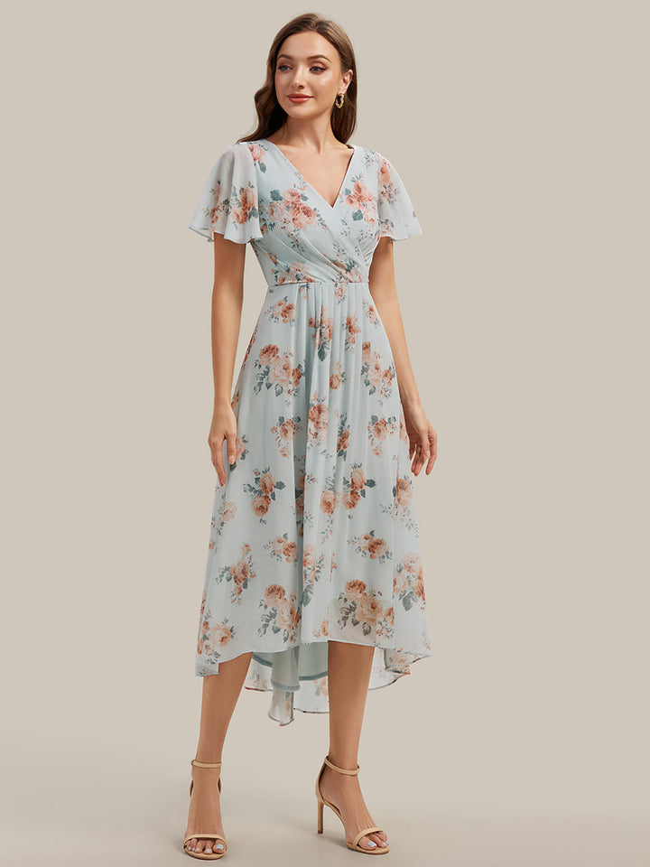 Printed Chiffon Ruffle Sleeve Wedding Guest Dress