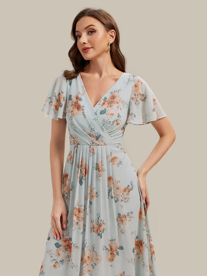 Printed Chiffon Ruffle Sleeve Wedding Guest Dress
