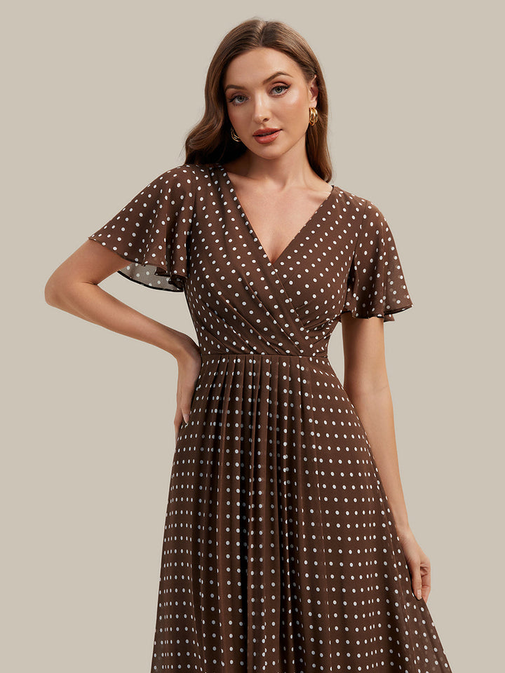 Printed Chiffon Ruffle Sleeve Wedding Guest Dress