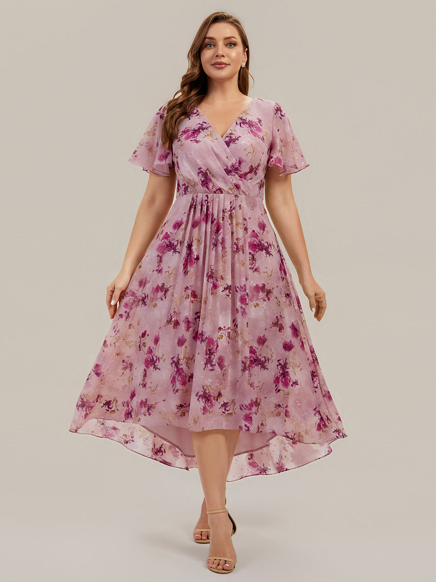 Printed Chiffon Ruffle Sleeve Wedding Guest Dress