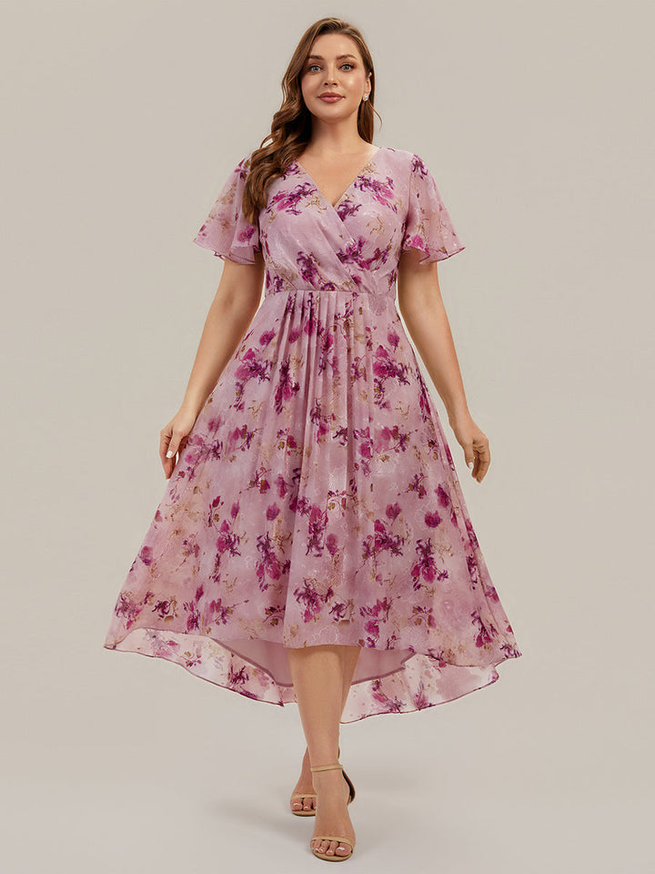 Printed Chiffon Ruffle Sleeve Wedding Guest Dress
