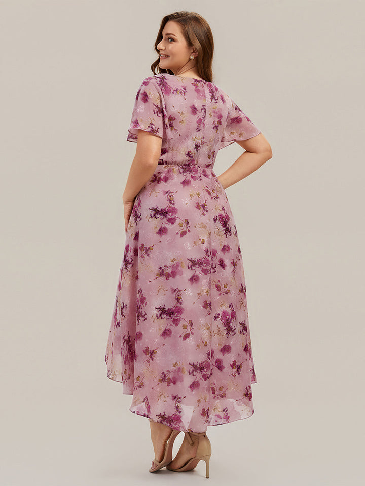 Printed Chiffon Ruffle Sleeve Wedding Guest Dress