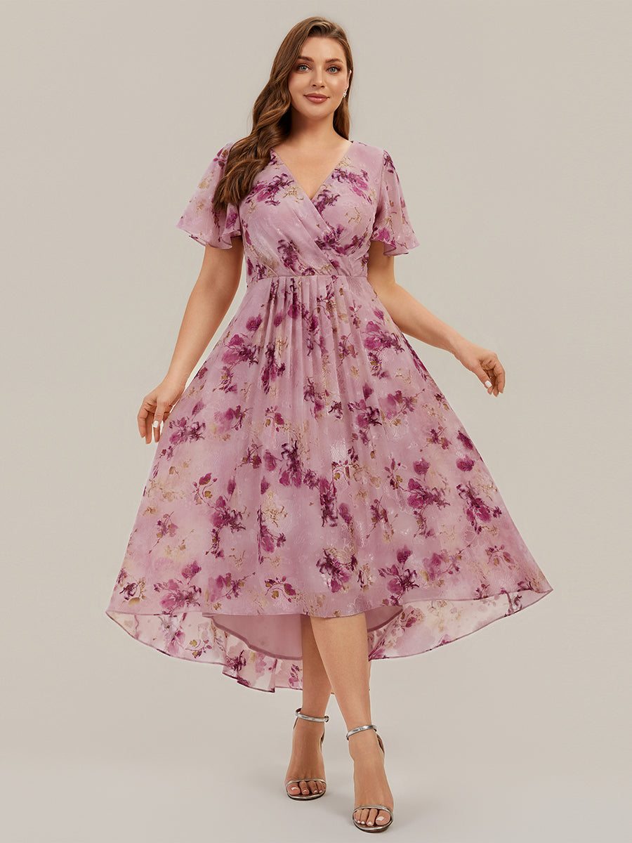 Printed Chiffon Ruffle Sleeve Wedding Guest Dress