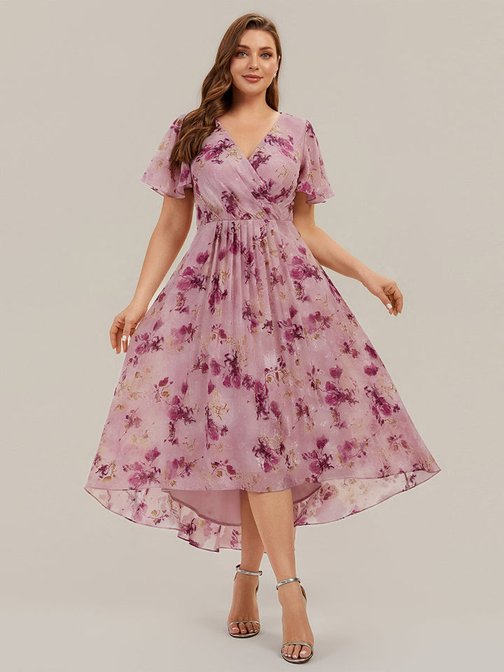 Printed Chiffon Ruffle Sleeve Wedding Guest Dress