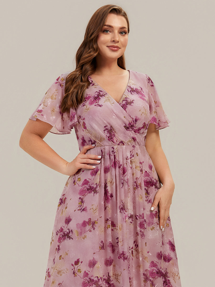 Printed Chiffon Ruffle Sleeve Wedding Guest Dress