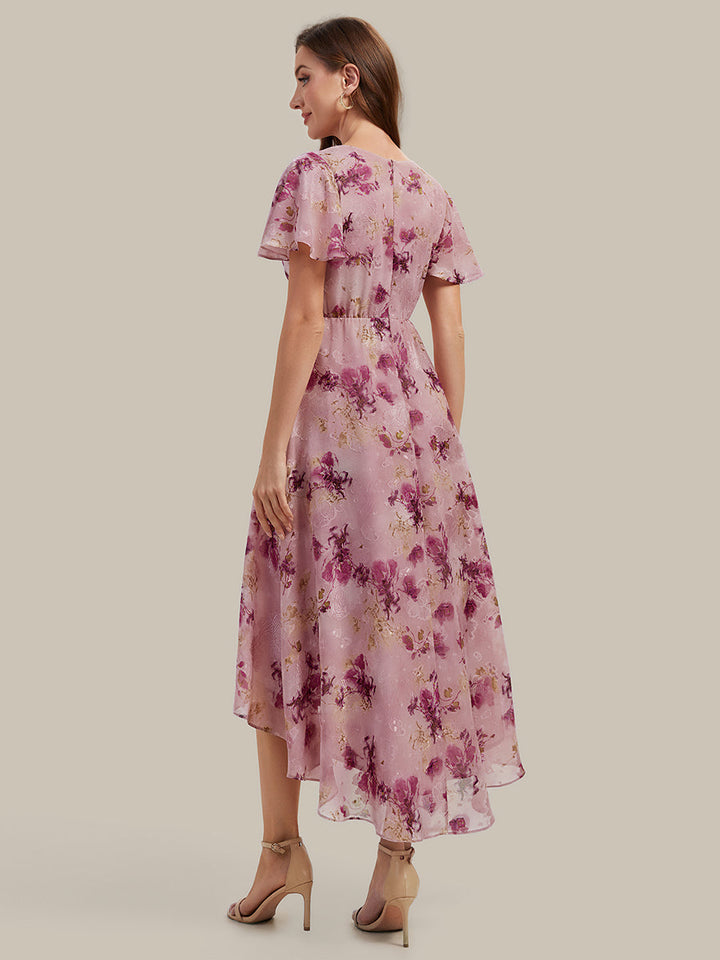 Printed Chiffon Ruffle Sleeve Wedding Guest Dress